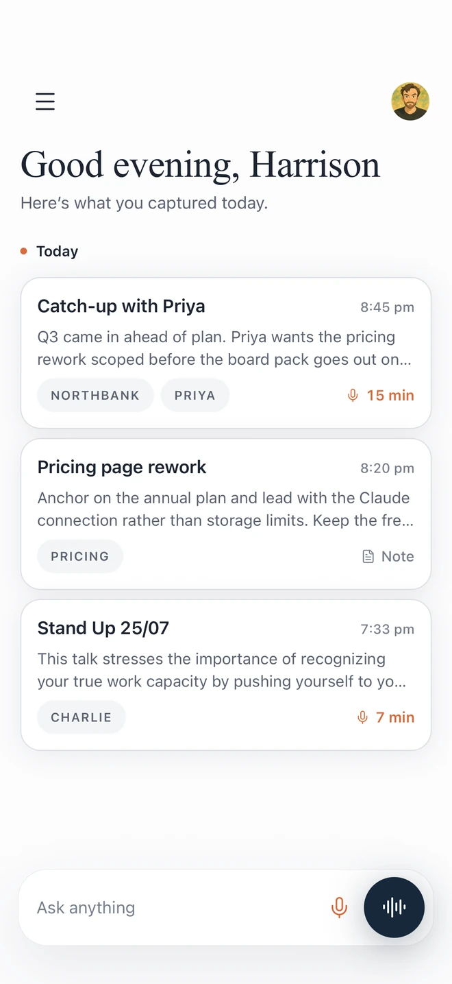 The Air Note app on an iPhone, showing today's recordings and notes with an ask box at the bottom.